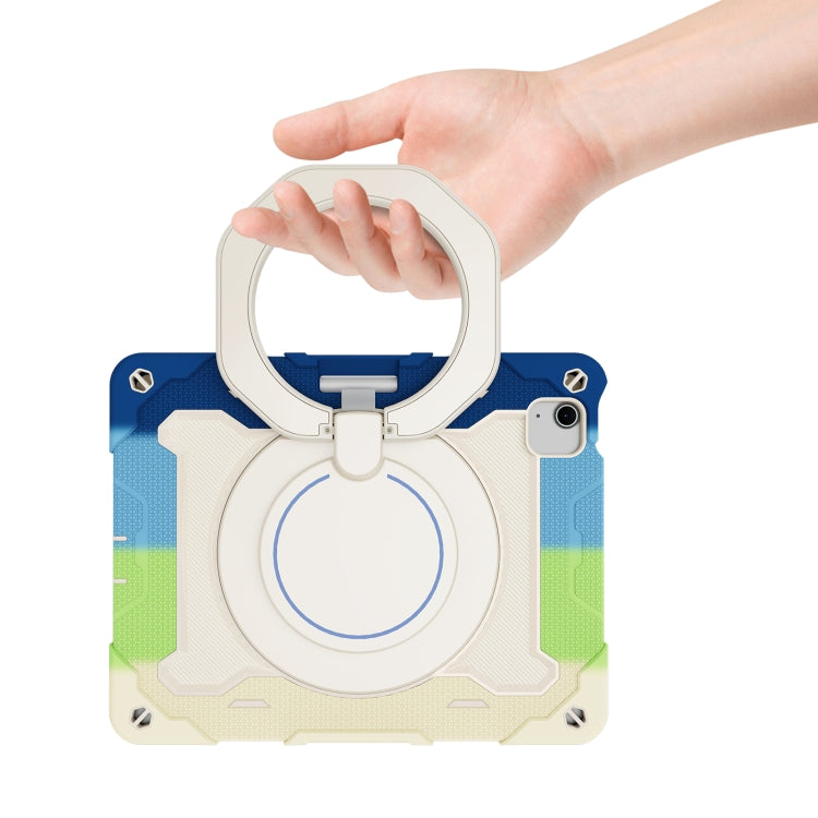 For iPad Air 11 2024 Armor Portable Rotating Ring Holder Silicone Tablet Case with Pen Slot(Colorful Blue)
