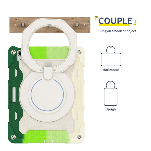 For iPad Air 11 2024 / 2025 Armor Portable Rotating Ring Holder Silicone Tablet Case with Pen Slot(Colorful Green)