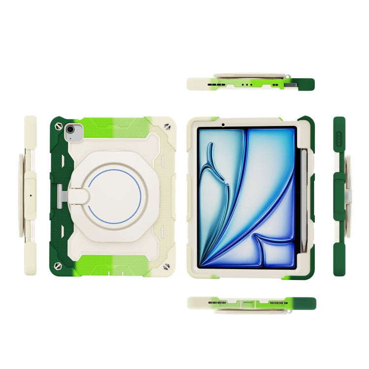 For iPad Air 11 2024 / 2025 Armor Portable Rotating Ring Holder Silicone Tablet Case with Pen Slot(Colorful Green)