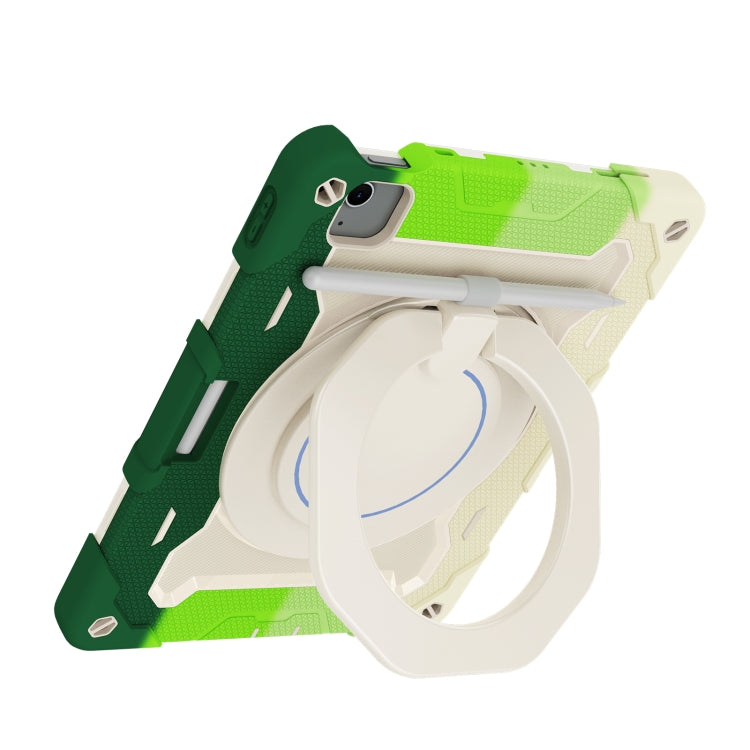 For iPad Air 11 2024 / 2025 Armor Portable Rotating Ring Holder Silicone Tablet Case with Pen Slot(Colorful Green)