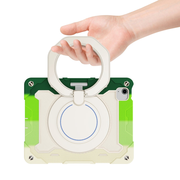 For iPad Air 11 2024 / 2025 Armor Portable Rotating Ring Holder Silicone Tablet Case with Pen Slot(Colorful Green)