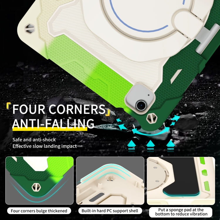 For iPad Air 11 2024 / 2025 Armor Portable Rotating Ring Holder Silicone Tablet Case with Pen Slot(Colorful Green)