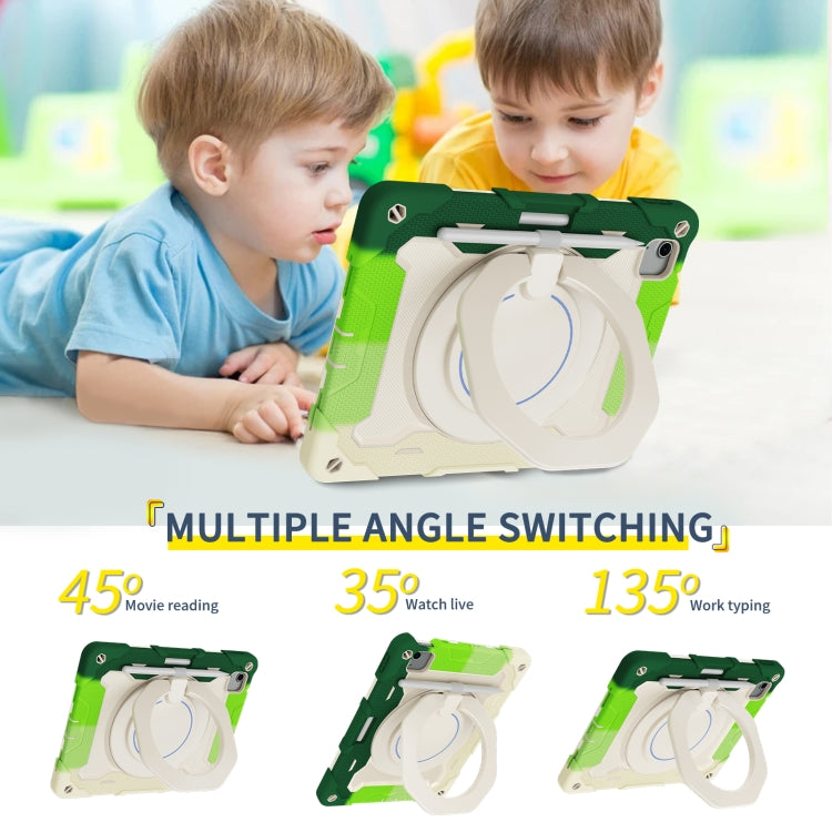 For iPad Air 11 2024 / 2025 Armor Portable Rotating Ring Holder Silicone Tablet Case with Pen Slot(Colorful Green)