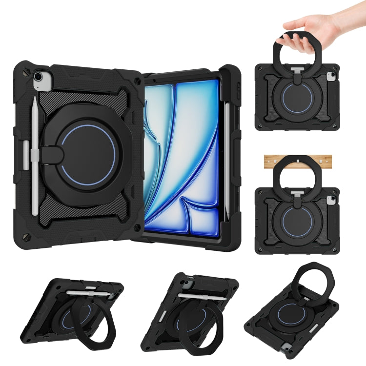 For iPad Air 11 2024 / 2025 Armor Portable Rotating Ring Holder Silicone Tablet Case with Pen Slot(Black)