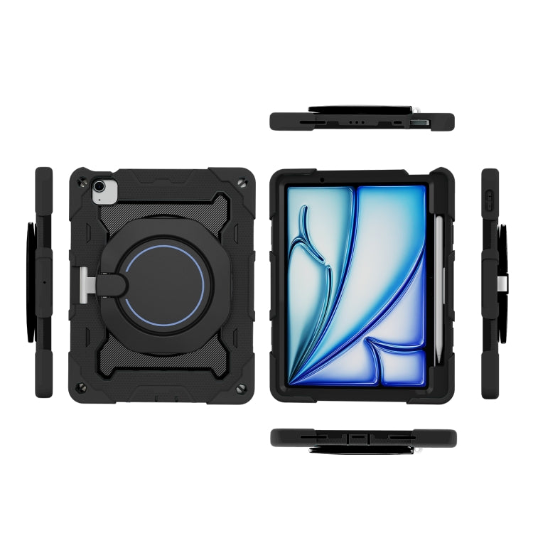 For iPad Air 11 2024 / 2025 Armor Portable Rotating Ring Holder Silicone Tablet Case with Pen Slot(Black)