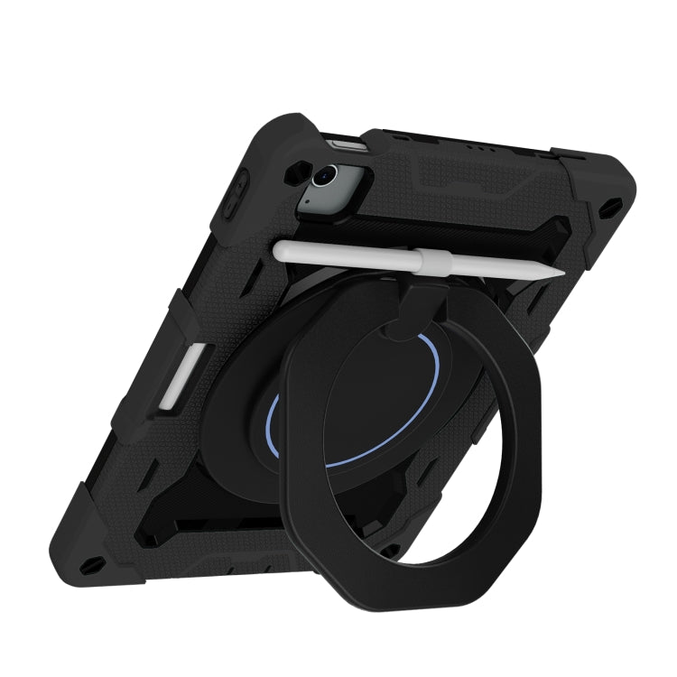 For iPad Air 11 2024 / 2025 Armor Portable Rotating Ring Holder Silicone Tablet Case with Pen Slot(Black)