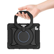 For iPad Air 11 2024 / 2025 Armor Portable Rotating Ring Holder Silicone Tablet Case with Pen Slot(Black)