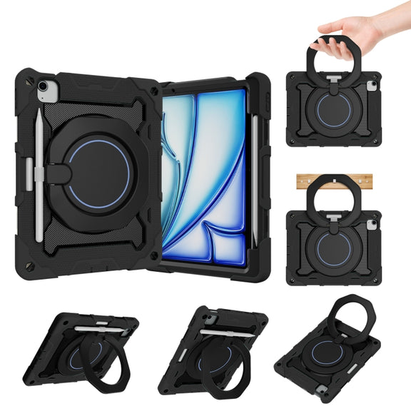 For iPad Air 11 2024 / 2025 Armor Portable Rotating Ring Holder Silicone Tablet Case with Pen Slot(Black)