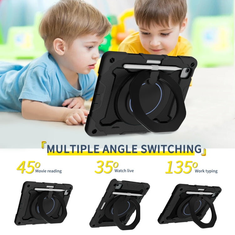 For iPad Air 11 2024 / 2025 Armor Portable Rotating Ring Holder Silicone Tablet Case with Pen Slot(Black)