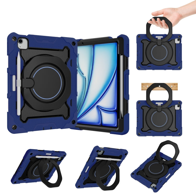 For iPad Air 11 2024 / 2025 Armor Portable Rotating Ring Holder Silicone Tablet Case with Pen Slot(Navy Blue)