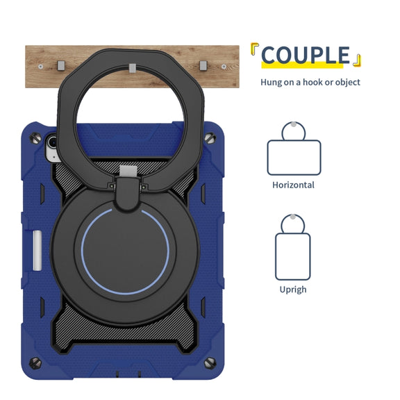 For iPad Air 11 2024 / 2025 Armor Portable Rotating Ring Holder Silicone Tablet Case with Pen Slot(Navy Blue)
