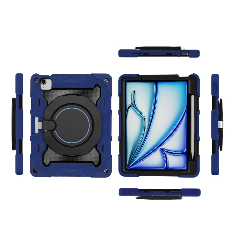 For iPad Air 11 2024 / 2025 Armor Portable Rotating Ring Holder Silicone Tablet Case with Pen Slot(Navy Blue)