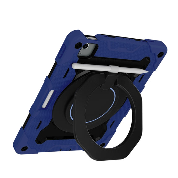 For iPad Air 11 2024 / 2025 Armor Portable Rotating Ring Holder Silicone Tablet Case with Pen Slot(Navy Blue)