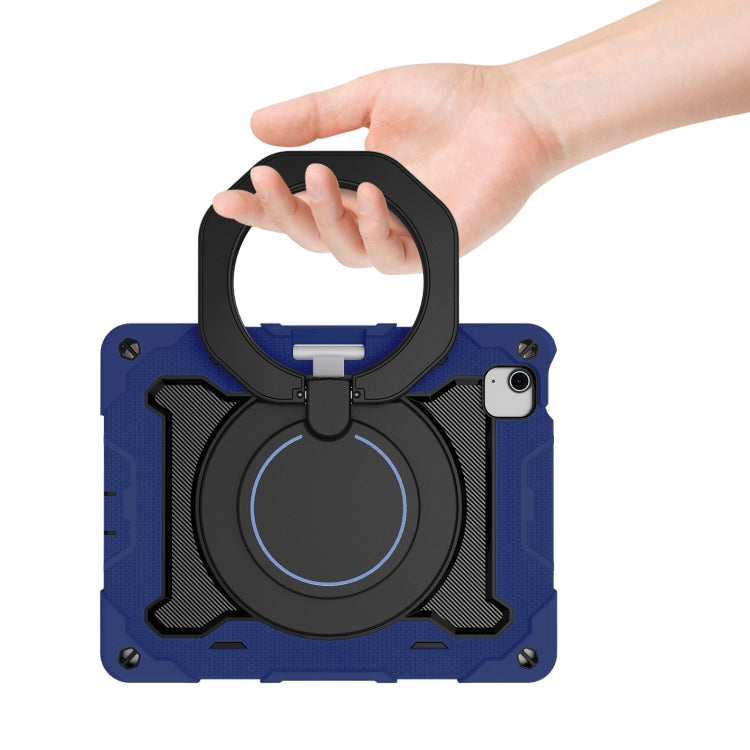 For iPad Air 11 2024 / 2025 Armor Portable Rotating Ring Holder Silicone Tablet Case with Pen Slot(Navy Blue)