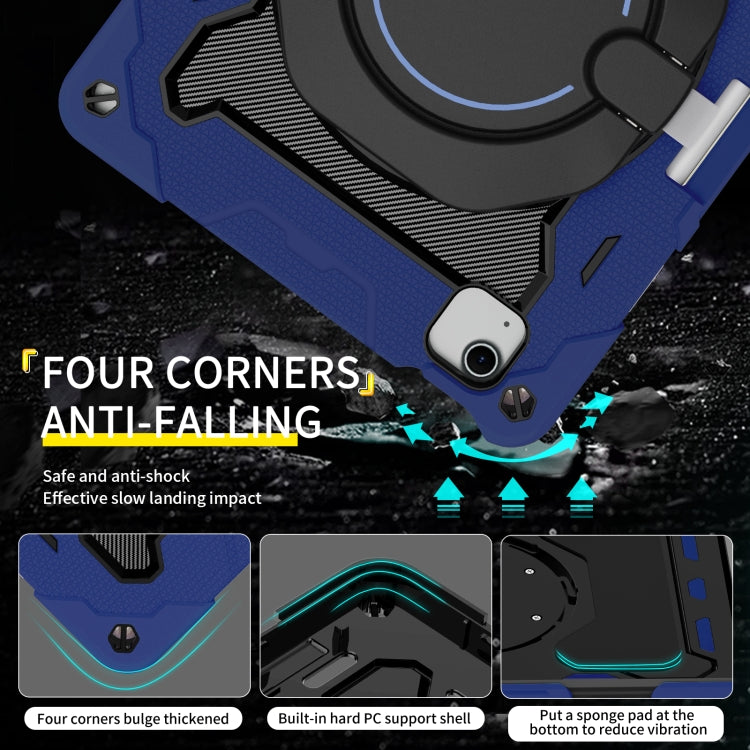 For iPad Air 11 2024 / 2025 Armor Portable Rotating Ring Holder Silicone Tablet Case with Pen Slot(Navy Blue)