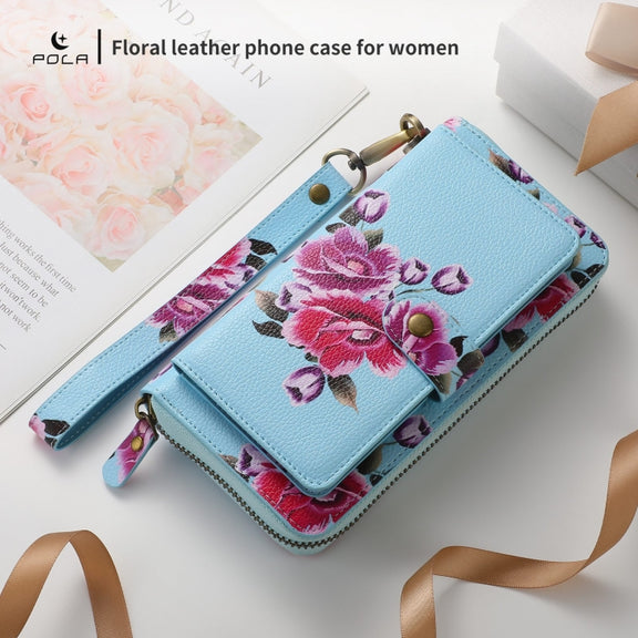 For Samsung Galaxy S24 5G POLA Flower Multi-functional Zipper Wallet Leather Phone Case(Sky Blue)