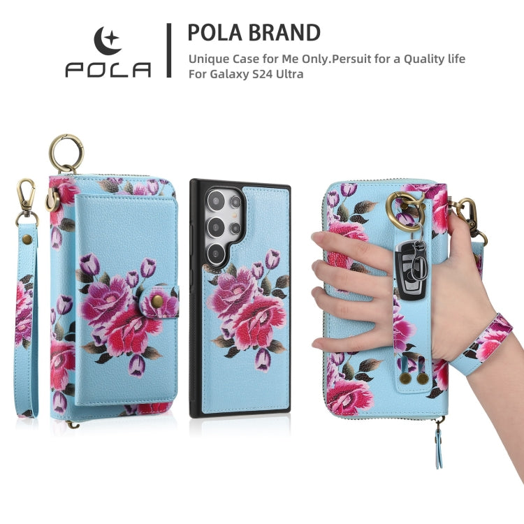 For Samsung Galaxy S24 5G POLA Flower Multi-functional Zipper Wallet Leather Phone Case(Sky Blue)