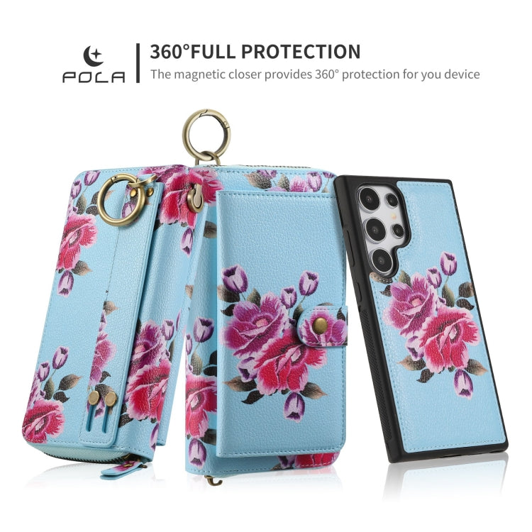 For Samsung Galaxy S24 5G POLA Flower Multi-functional Zipper Wallet Leather Phone Case(Sky Blue)