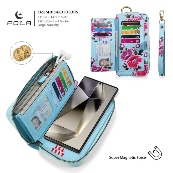For Samsung Galaxy S24 5G POLA Flower Multi-functional Zipper Wallet Leather Phone Case(Sky Blue)