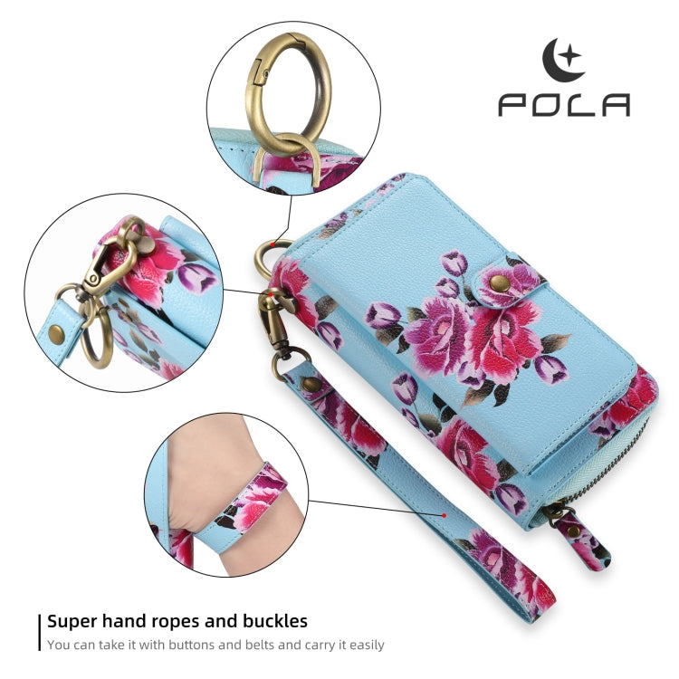 For Samsung Galaxy S24 5G POLA Flower Multi-functional Zipper Wallet Leather Phone Case(Sky Blue)