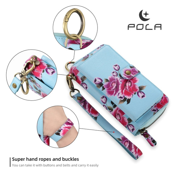For Samsung Galaxy S24 5G POLA Flower Multi-functional Zipper Wallet Leather Phone Case(Sky Blue)