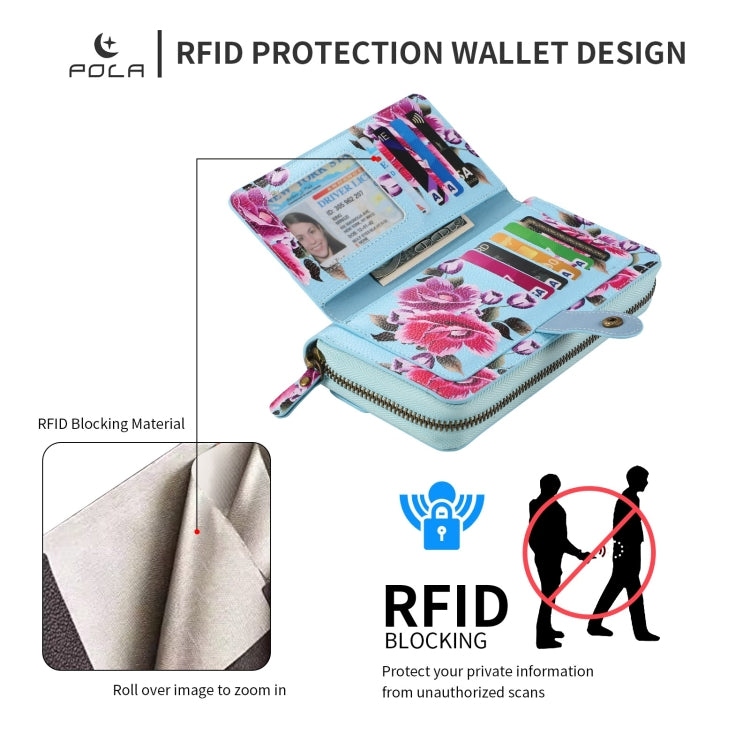 For Samsung Galaxy S24 5G POLA Flower Multi-functional Zipper Wallet Leather Phone Case(Sky Blue)