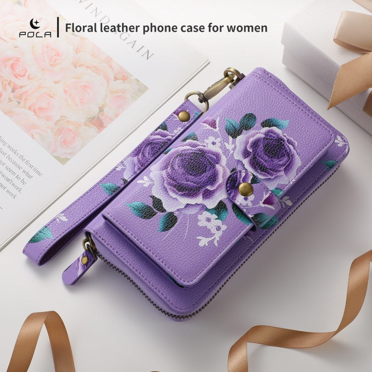 For Samsung Galaxy S24 5G POLA Flower Multi-functional Zipper Wallet Leather Phone Case(Purple)