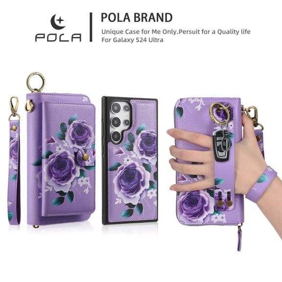 For Samsung Galaxy S24 5G POLA Flower Multi-functional Zipper Wallet Leather Phone Case(Purple)
