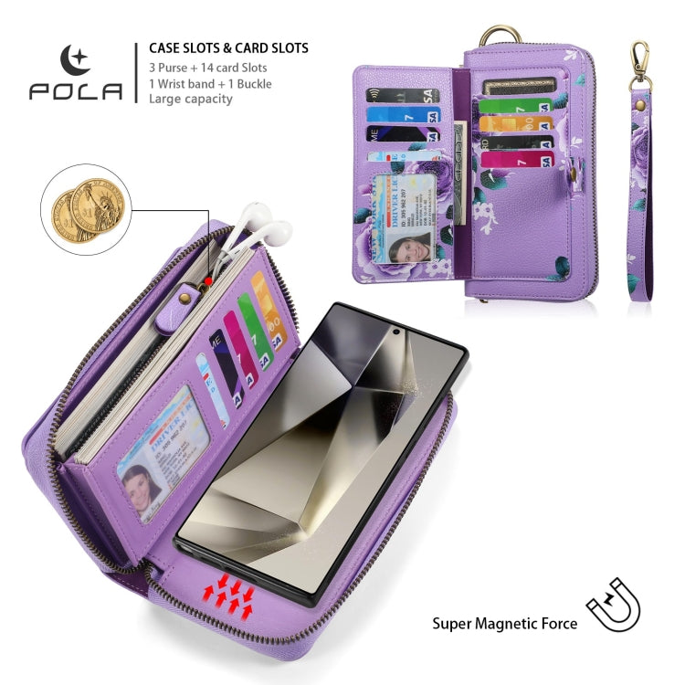 For Samsung Galaxy S24 5G POLA Flower Multi-functional Zipper Wallet Leather Phone Case(Purple)