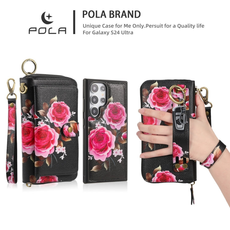 For Samsung Galaxy S24+ 5G POLA Flower Multi-functional Zipper Wallet Leather Phone Case(Black)