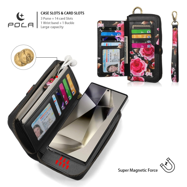 For Samsung Galaxy S24+ 5G POLA Flower Multi-functional Zipper Wallet Leather Phone Case(Black)