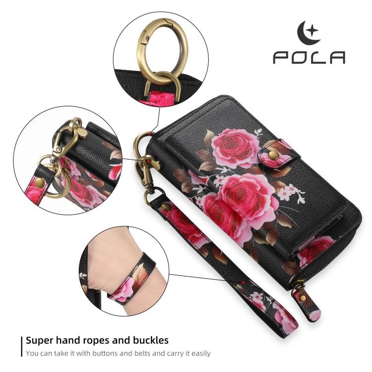 For Samsung Galaxy S24+ 5G POLA Flower Multi-functional Zipper Wallet Leather Phone Case(Black)