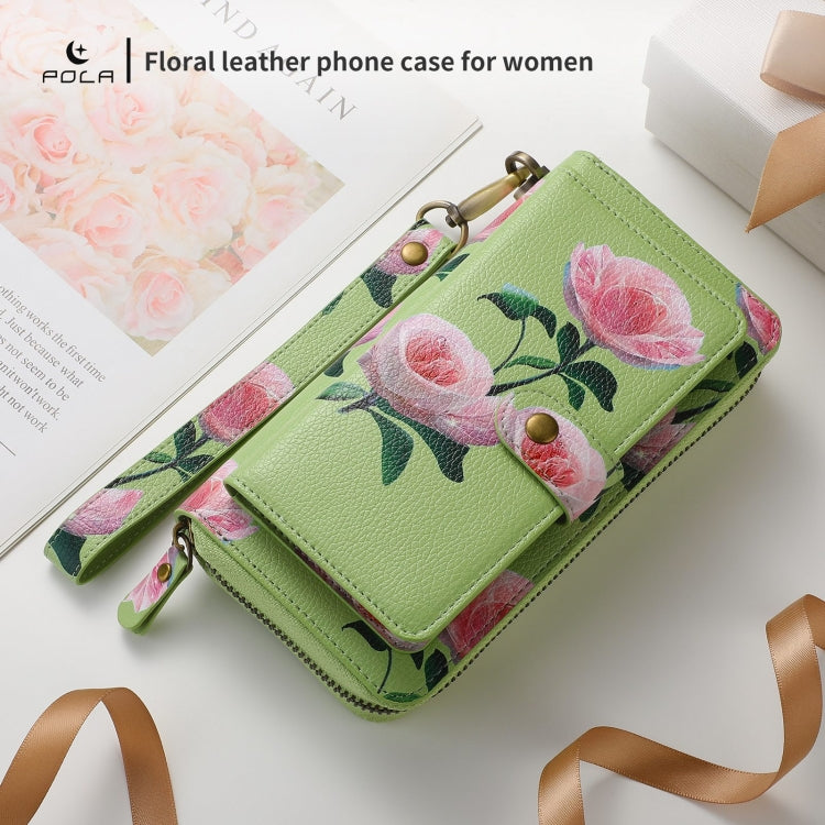 For Samsung Galaxy S24+ 5G POLA Flower Multi-functional Zipper Wallet Leather Phone Case(Green)