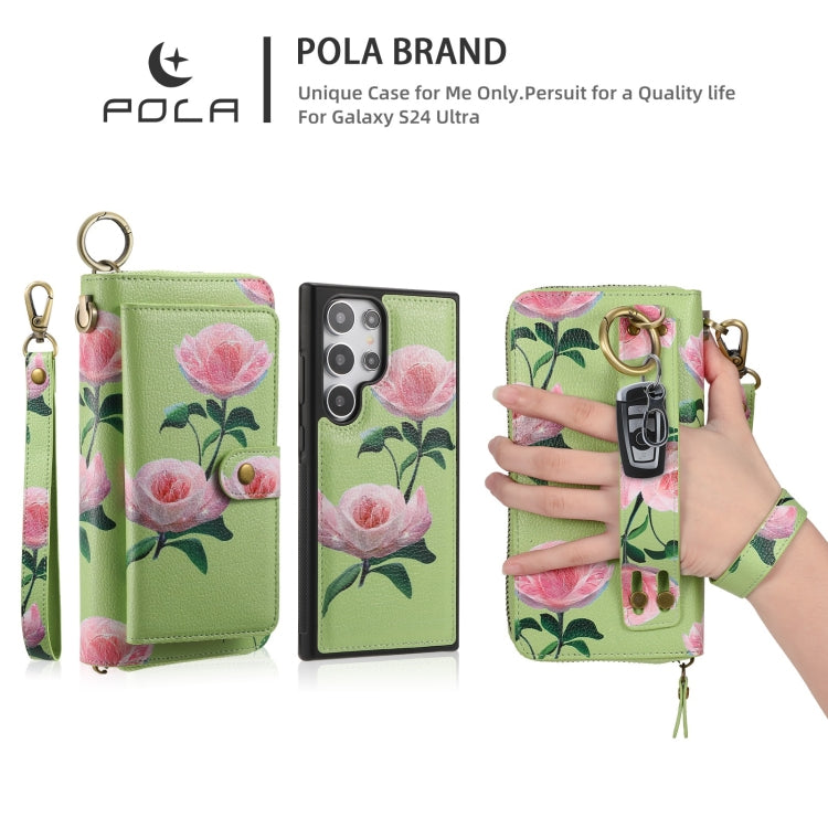 For Samsung Galaxy S24+ 5G POLA Flower Multi-functional Zipper Wallet Leather Phone Case(Green)