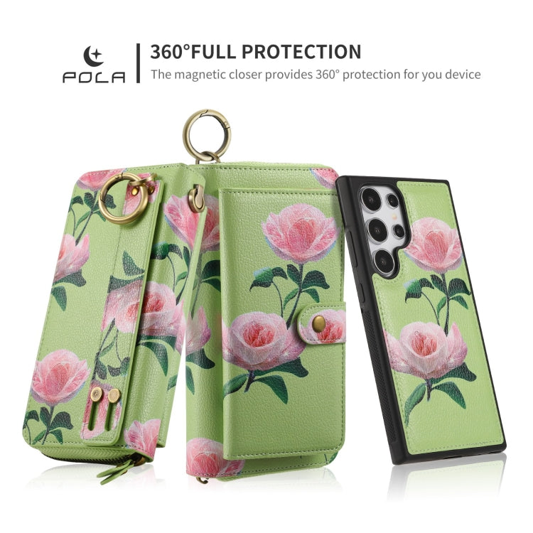 For Samsung Galaxy S24+ 5G POLA Flower Multi-functional Zipper Wallet Leather Phone Case(Green)