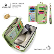 For Samsung Galaxy S24+ 5G POLA Flower Multi-functional Zipper Wallet Leather Phone Case(Green)