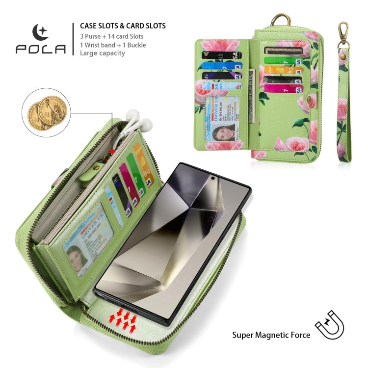 For Samsung Galaxy S24+ 5G POLA Flower Multi-functional Zipper Wallet Leather Phone Case(Green)
