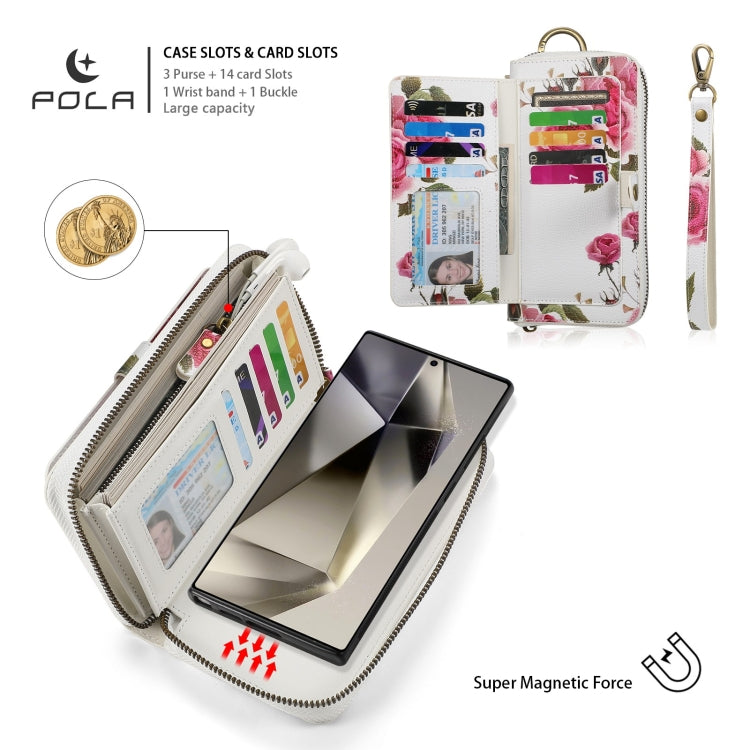 For Samsung Galaxy S24+ 5G POLA Flower Multi-functional Zipper Wallet Leather Phone Case(Beige)