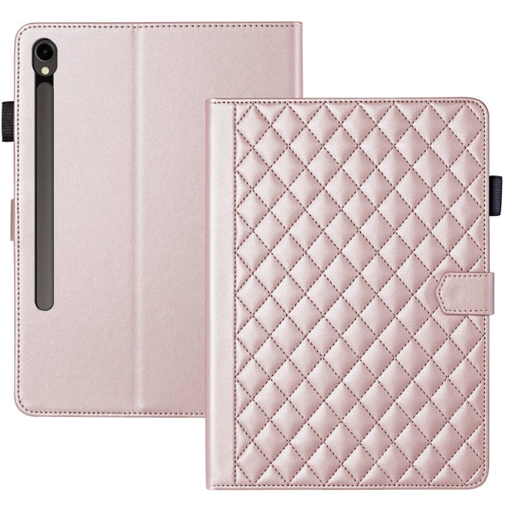 For Samsung Galaxy Tab S9 FE / S9 Rhombus Lattice Leather Tablet Case(Rose Gold)