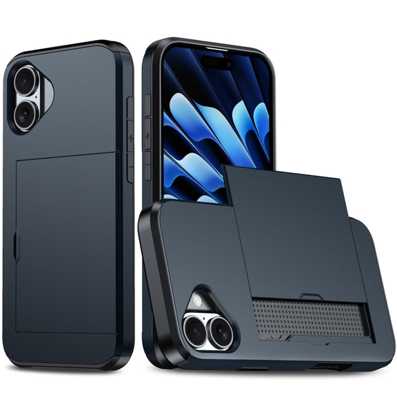 For iPhone 16 Plus Shockproof Armor Phone Case with Card Slot(Blue)