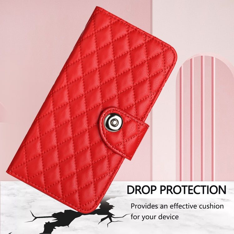 For Blackview A52 Rhombic Texture Flip Leather Phone Case with Lanyard(Red)