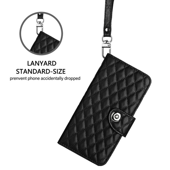 For Blackview A52 Rhombic Texture Flip Leather Phone Case with Lanyard(Black)