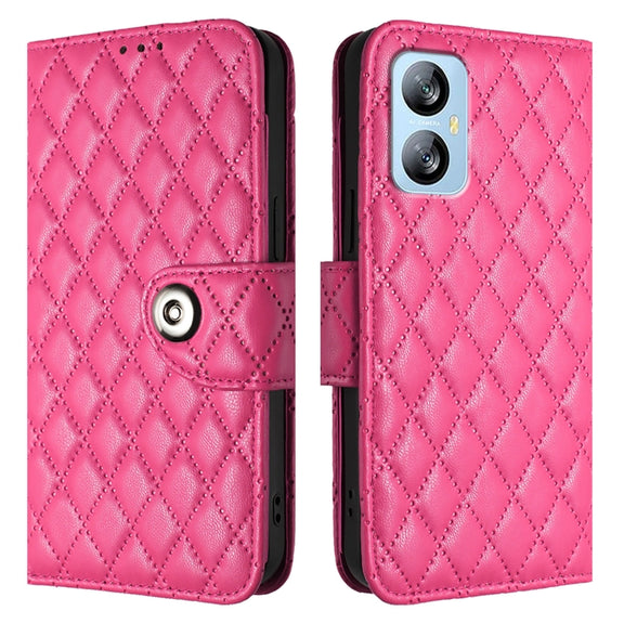For Blackview A52 Rhombic Texture Flip Leather Phone Case with Lanyard(Rose Red)