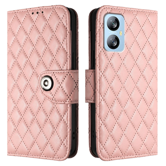 For Blackview A52 Rhombic Texture Flip Leather Phone Case with Lanyard(Coral Pink)