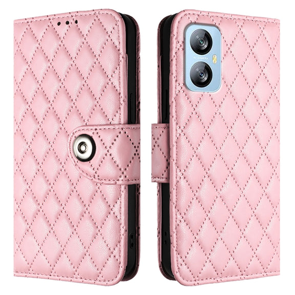 For Blackview A52 Rhombic Texture Flip Leather Phone Case with Lanyard(Pink)