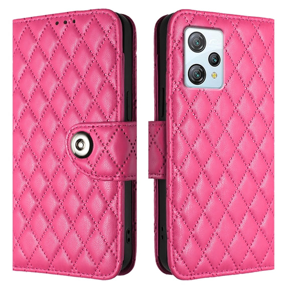 For Blackview A53 Rhombic Texture Flip Leather Phone Case with Lanyard(Rose Red)
