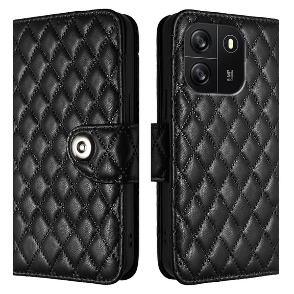For Blackview Wave 6C Rhombic Texture Flip Leather Phone Case with Lanyard(Black)