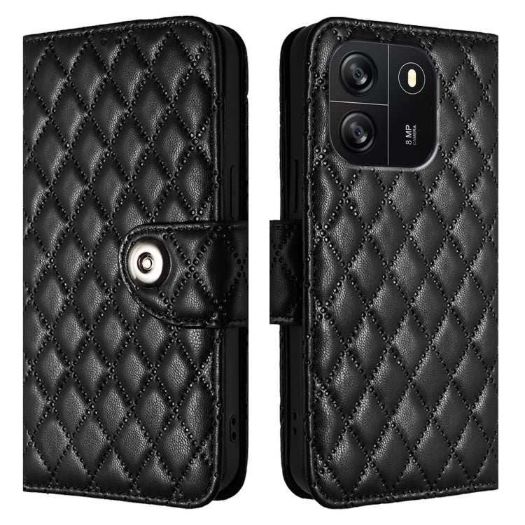 For Blackview Wave 6C Rhombic Texture Flip Leather Phone Case with Lanyard(Black)