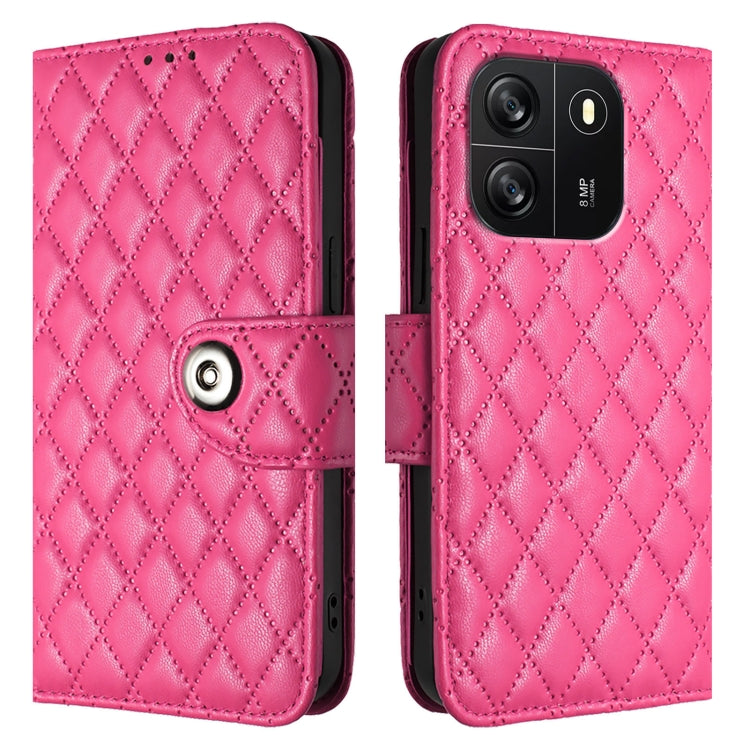 For Blackview Wave 6C Rhombic Texture Flip Leather Phone Case with Lanyard(Rose Red)