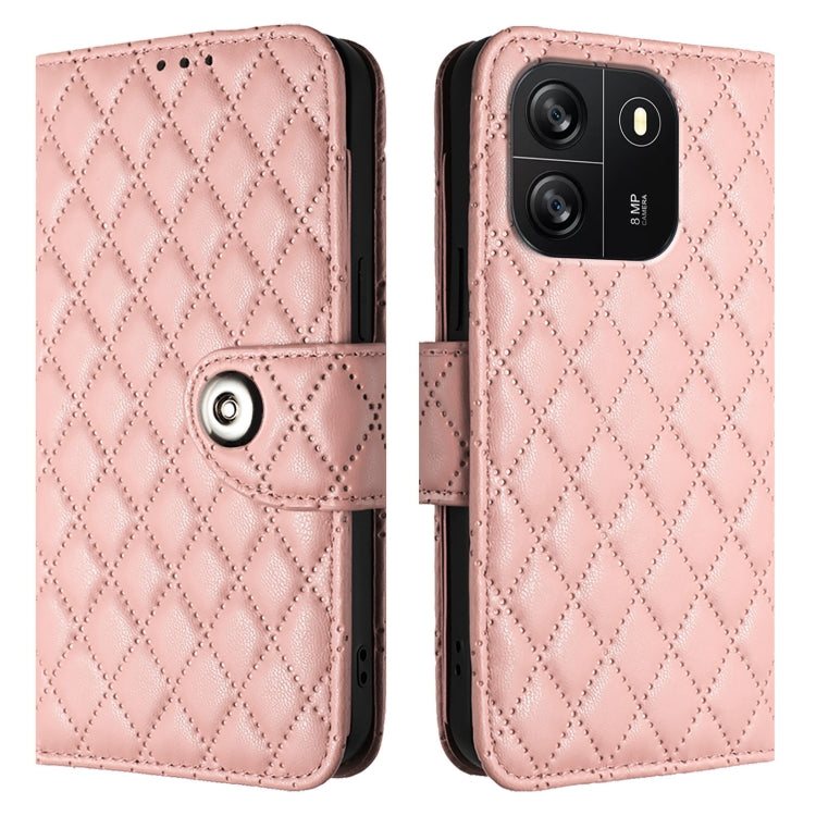 For Blackview Wave 6C Rhombic Texture Flip Leather Phone Case with Lanyard(Coral Pink)